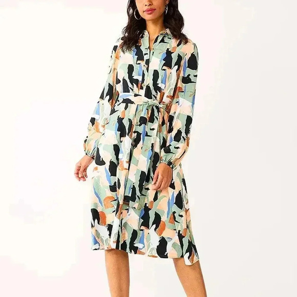 Nine West Women's Long Sleeve Abstract Printed Button-Up Shirt Dress Size XXL - Picture 1 of 6